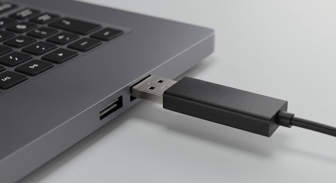 USB Drive Connected to Laptop Port Data Transfer Technology.