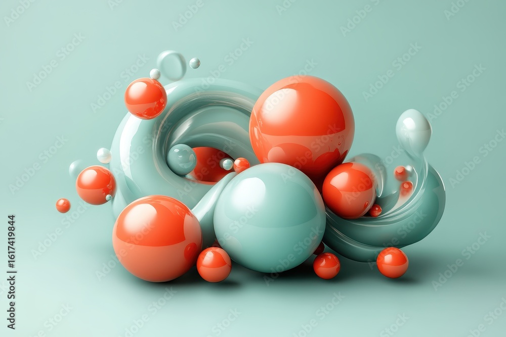 Poster abstract composition of colorful spheres in a dynamic arrangement.