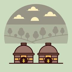 Two rustic brick ovens in a serene landscape with rolling hills and clouds