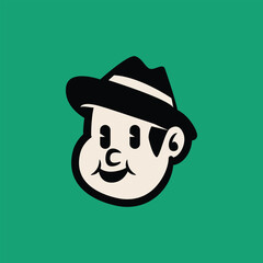 Cartoon vector face of a man with a surprised or shocked expression, wearing a fedora hat. Bold, clean line art, perfect for mascots, icons, or retro brand identity