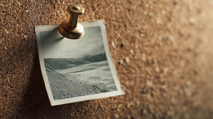 Pinned Memories Vintage Photograph Attached to Corkboard with Brass Pushpin