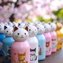 Cute cat-shaped bottles in a row against a blurry cherry blossom background