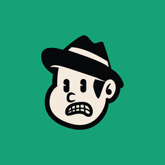 Cartoon vector face of a man with a surprised or shocked expression, wearing a fedora hat. Bold, clean line art, perfect for mascots, icons, or retro brand identity