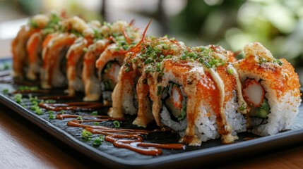 Close-up of delectable sushi rolls on a dark plate, showcasing culinary artistry