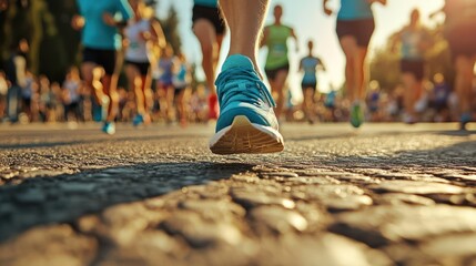 Footrace in urban landscape featuring a determined runner leading the pack