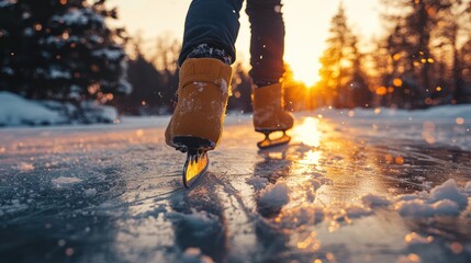 Figure Skater Gliding on Ice as Sun Sets; winter sport activity concept