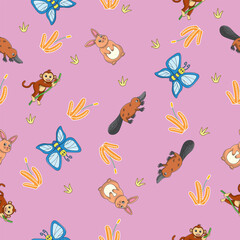 Cute wild animals seamless pattern for baby shower decor, nursery print, kindergarteen wallpaper, fabric, and textile. Vector illustration