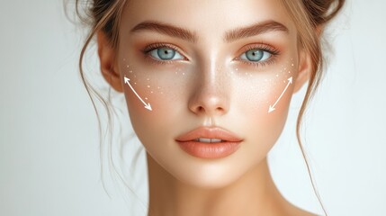 Close-up portrait featuring a beautiful woman with enhanced facial features
