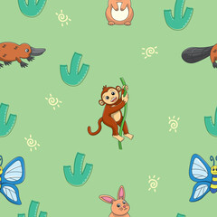 Cute wild animals seamless pattern for baby shower decor, nursery print, kindergarteen wallpaper, fabric, and textile. Vector illustration