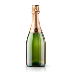 A bottle of sparkling champagne with gold foil and a green glass bottle, isolated on a white background