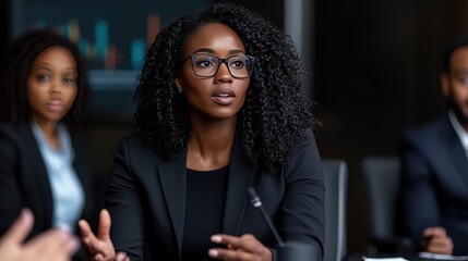 African American businesswoman in glasses and black blazer speaking at a professional meeting with colleagues