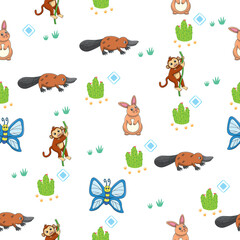 Fototapeta premium Cute wild animals seamless pattern for baby shower decor, nursery print, kindergarteen wallpaper, fabric, and textile. Vector illustration