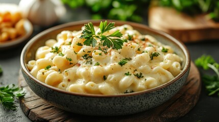 Delightful macaroni and creamy cheese sauce adorned with fresh herbs in bowl