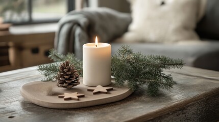 Atmospheric winter scene with a glowing candle and rustic decorations, cozy moment