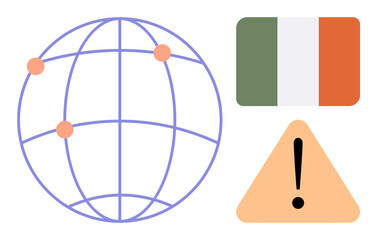 Globe with connection points, Irish flag, and caution sign with exclamation mark. Ideal for localization, global communication, safety, cultural awareness, risk alert, warning systems simple flat