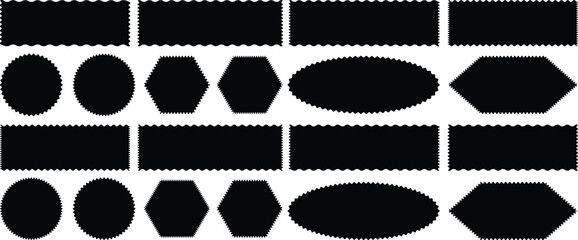 Zig zag edge rectangle shape, black collection. Geometric zig zag wavy labels, isolated on white background. Rectangle shape frame with zigzag edge. zigzag frame. 