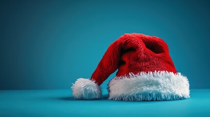 Festive spirit: A Santa hat resting on a vibrant blue backdrop for Christmas