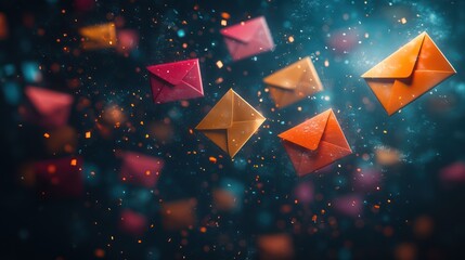 Floating envelopes in a cosmic space representing mail communication and invitations