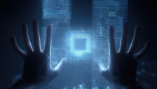 Hands reaching for a glowing processor in a digital code environment