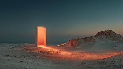 Glowing neon portal in night desert with reflected light and surreal sci-fi landscape.