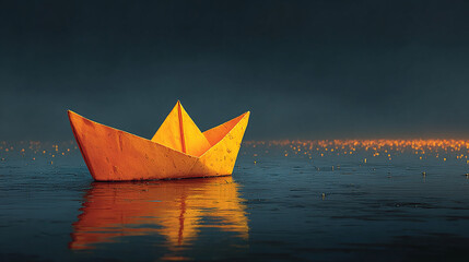 Yellow paper boat floating alone on dark water, symbolizing hope and resilience.