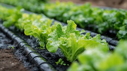 Close-up of vibrant lettuce sprouts growing in neat rows on a farm field