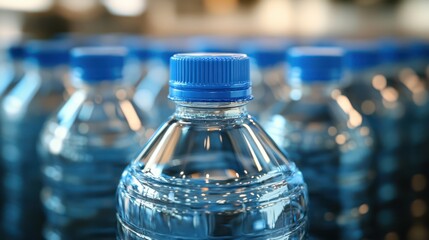 Close up view of plastic water bottles with blue caps lined up neatly