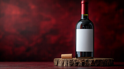 Wine bottle mockup with cork and empty label, presented on natural wood in studio setting.