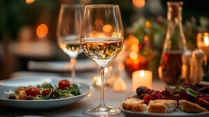 Elegant candlelight dinner setting with wine glasses and gourmet food