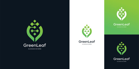 Leaf  design logo inspiration with digital tech symbol, icon, web 