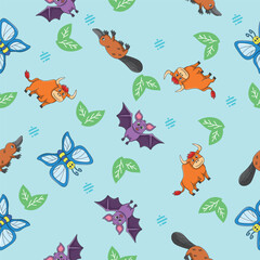 Cute wild animals seamless pattern for baby shower decor, nursery print, kindergarteen wallpaper, fabric, and textile. Vector illustration