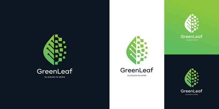 Leaf logo design template with  digital technology logo graphic design vector illustration. Symbol, icon, web 