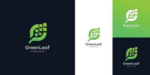 Green tech logo design. leaf with digital data technology design graphic vector illustration