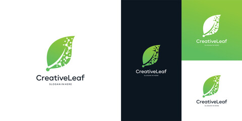 Green tech logo design template. Leaf with digital data technology design graphic vector illustration. Symbol, icon, creative.