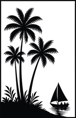 Palm Tree Silhouette with Boat Sailing on River or Lake. Tropical Island Flat Vector Palm Trees and Sailboat at Sunset.