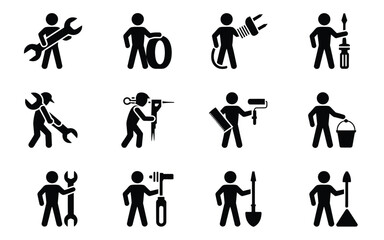 Construction workers and tools icon set