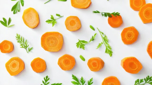 Carrot slices on a white background with fresh herbs and vegetable elements.