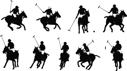 Silhouette vector illustration of polo players riding horses, swinging mallets in action, dynamic equestrian sport, black figures, competitive team game, motion sports graphic element