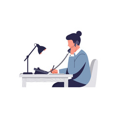 Obraz premium A woman with a bun sits at a desk, talking on the phone and taking notes with a pen.