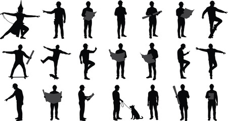 Silhouette vector set of people standing, dancing, holding blueprints, reading, walking dog, skateboarding, balancing poses, construction, activity design, black flat character pack