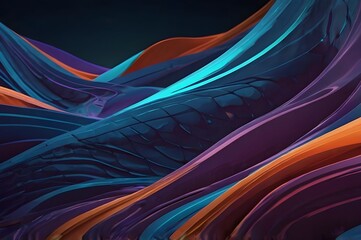 A dynamic, futuristic abstract artwork featuring flowing waves and ribbons in bold shades of blue, purple, and orange. 