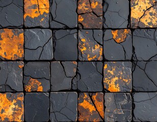 Dark stone tiles with cracks and orange stains