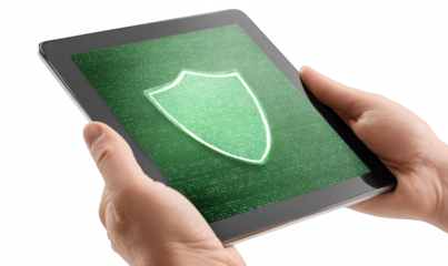 Secure digital data on tablet with shield symbol for cybersecurity