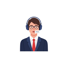Illustration of a man wearing a headset, glasses, and a suit, with a speech bubble indicating communication.