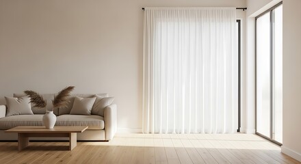 Fototapeta premium Modern minimalist living room: beige sofa, wooden coffee table, sheer curtains, sunlight.