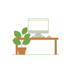 Illustration of a computer on a desk next to a potted plant, creating a simple and clean workspace scene.