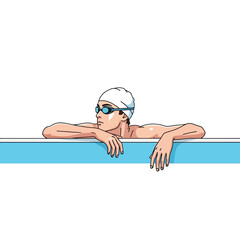 A swimmer wearing a cap and goggles rests at the edge of a blue swimming pool, looking to the side.