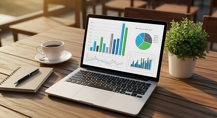 Laptop displaying financial charts, coffee, notebook, pen; modern workspace, sunlit cafe.