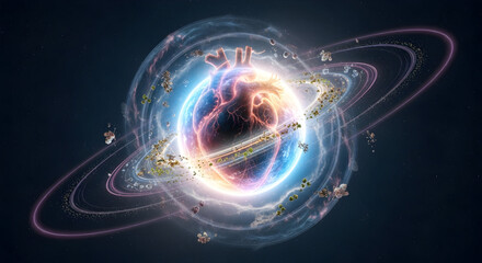 Human Heart in Space with Surrounding Debris Rings