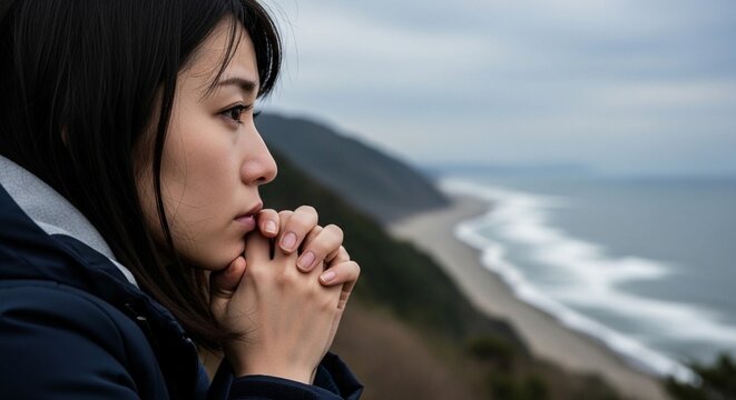 津波からの避難：祈るような表情で海岸を見つめる日本人女性